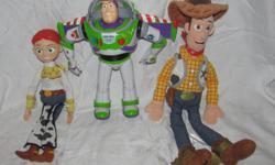 Hello, we are selling a set of three Toy Story toys. They include Jessie, Buzz Lightyear, and Woody. Jessie has a soft body and hard plastic head; Buzz is all plastic; and Woody is a soft plush.
They are in good condition with some signs of wear. There is