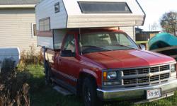 Truck top camper, loaded with fridge, stove, furnace, and shower. Very clean. $3,000 with truck.  Truck is a 1996 Chevy, 6 cylinder, manual, C/K Pickup 1500, 290000 km. Call Rick at 226-820-4927. Must sell make offer.