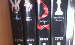 Brand new like hardcover series of Stephanie Meyers twilight saga. Only read through once. Sleeves were taken off while reading. No rips. No major wear. The bottom of eclipse has a little shelf wear.
15$ for twilight, new moon and eclipse. 20$ for