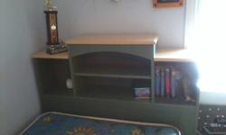 Two Twin bed sets:  One Blue Set, One Green Set  - each set includes three drawers at the bottom of each bed,  matching bookcase headboard/matching night table
$100.00 each
Mattress is extra,   call/text (613) 362-4684