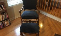Included is a lovely antique parlour chair with wood arm rests. In very good condition, no wood splits. Stool has intricate design wooden legs and measures 21 inches long,16 inches wide by 14 inches high. Makes for a comfortable combination. Smoke and pet