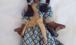 Awesome Mexican woman doll for a doll collector!
She has two long black braids and leather sandals.
Face is hand painted and appears to be stuffed laquered fabric.
The doll is holding a metal pan and is 10 inches tall.
 
Purchased in Mexico City, Mexico