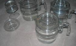 I have various sizes of Pyrex tea and coffee pots.  All are in excellent condition.  Some are short and round, others are taller and hold more.  Some also have the inside metal pieces.  Pictures upon request.  All have their matching lids.  Corning ware
