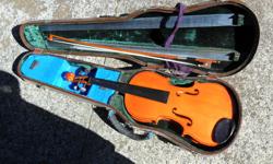 Violin with case and bow. Violin needs to be re-strung.