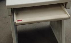 White Rubbermaid plastic desk with keyboard drawer.
30" H x 25" W x 21" D