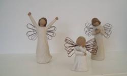Set of Three elegant Willow Tree figurines
 
ANGEL OF COURAGE  ( with her arms open above head)
 
ANGEL OF PATIENCE  (sitting down)
 
ANGEL OF HEALING (head tilted to the side holding a bird)
 
Such an inspirational collection of willow tree angels.