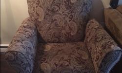 Beautiful paisley print wingback chair.
-Mint condition, bought from Estate Sale, non-smoking home.
-Very comfortable to sit in, textured upholstery in neutral colours. -Light but durable, stands on mahogany wooden legs.
Sad to see it go, but we are