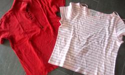 2 T-shirts.
1- Pink and white stripes made by Jones New York Sport Petite, 100% cotton
2-Red T-shirt made by Autre Chose, 100% cotton.
3$ each top or both for 5$.
In excellent condition.