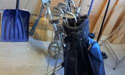 Womens Right hand Complete Strata Golf Set. Great starter set, everything you need, don't rent. Great condition.
1 and 3 steel woods
3, 4, 5, 6, 7, 8, 9 gravity flow system irons,putter, PW and SW
Spalding bag
2 wheel golf cart