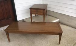 wooden coffee table and side table with single drawer by Deilcraft .. $75.00 for both pieces (some scuffs), coffee table measures 54 X 20 X 15 1/2" high, side table measures 21 1/2 X 26 1/2 X 21" high