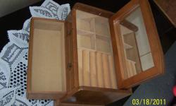 WOODEN JEWELRY BOX, TOP DRAWER HAS RING HOLDER, HAS ONE BOTTOM DRAWER, 9.6 X 6  6"HEIGHT
