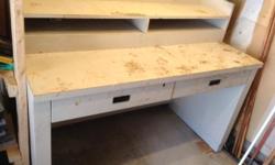 Work bench with two rows of shelve, and two sliding drawers plus three cabinet door under the drawers.
Located in driveway at 570A Melbourne Ave Ottawa. The work bend is very solid. Made of plywood with laminate surface. Quite heavy and large, so would