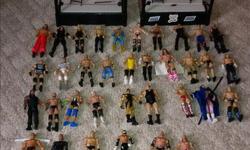 35 WWE wrestlers $10 each, 1 regular ring $10, 1 breakable floor ring $15, 1 break apart table, 1 chair, 1 John Cena necklass and other misc. pieces. email for prices.