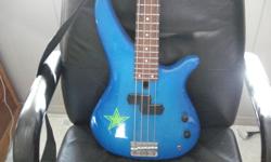Beautiful electric blue Bass guitar,two pickups rarely used, in perfect shape. I paid $450 for it.