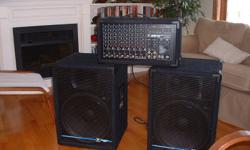 Yorkville MP8dx 600Watt 8-ch powered head
400watt mains, 200watt monitors
Separaete EQ's
Digital effects built-in
2x 300watt "performance series" cabinets. 15" with horns.
All mint condition, used only at home for practice
$1000 
Cell: 452-8513