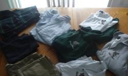 mixed items -skirts are sold
biege shorts and pants-waist 30
blue and white striped shirts,one s-m,one m-l
grey sweatshirt-med
green short sleeve polos,two medium,two large
one long sleeve jersey-small
two white short sleeve polos-large
